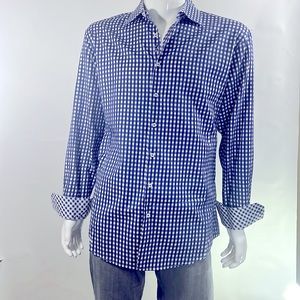 BUGATCHI XXL mens long sleeve button down blue & white checkered shirt.